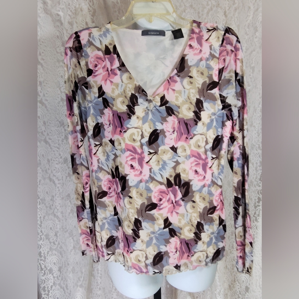 Liz Claiborne Cream Rose Blue Floral Blouse NWOT